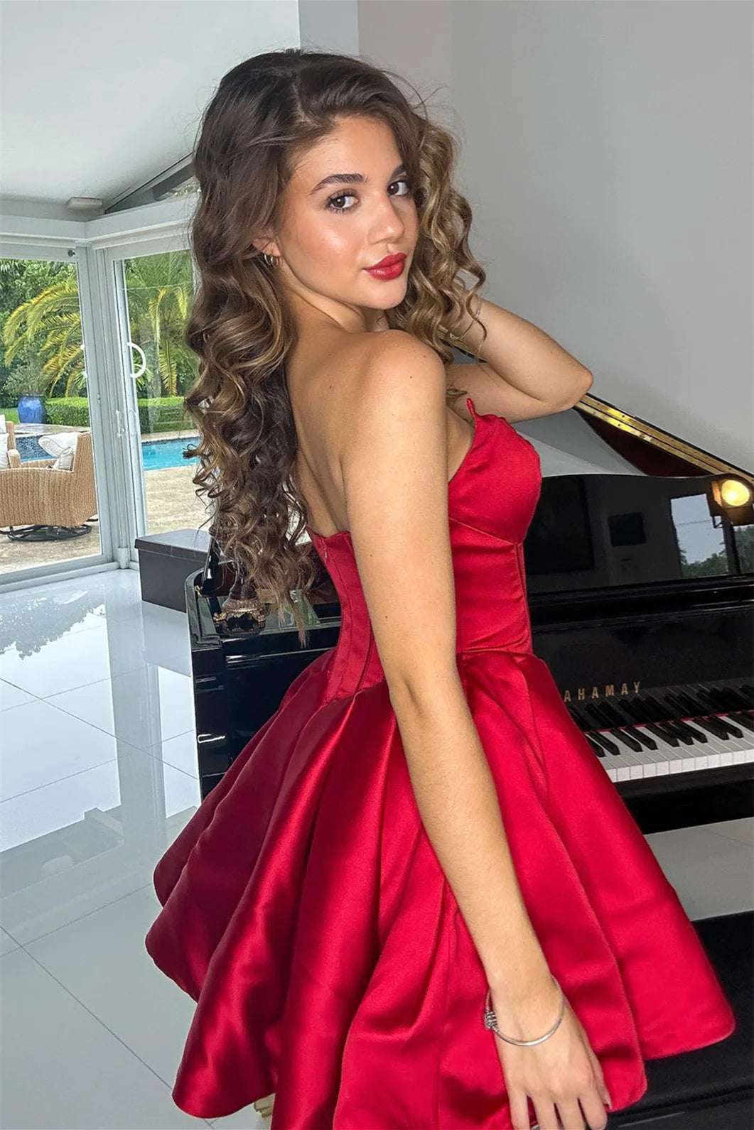 PM531,Sweetheart Red Satin A-Line Homecoming Dress, Mini Dance Gown