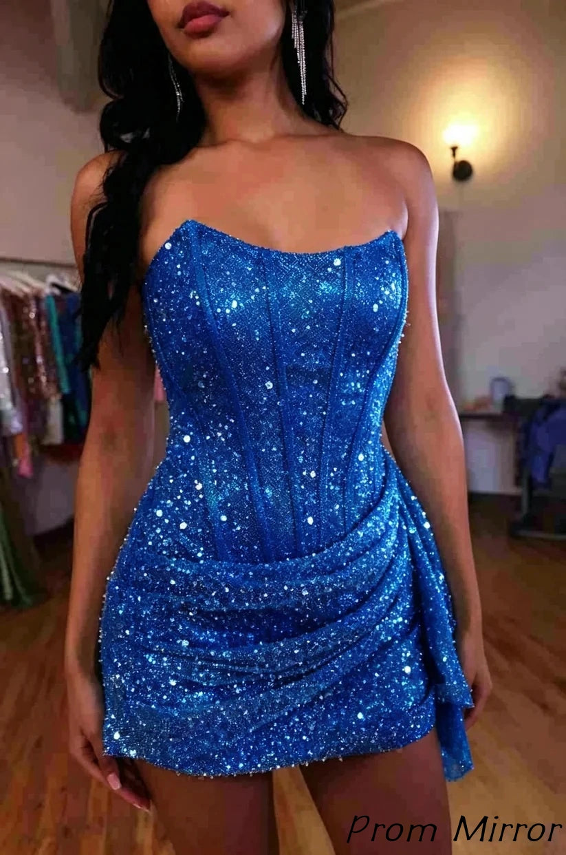 Fashion Party Dresses Strapless Bodycon Homecoming Dress Sequined Mini Formal Gown