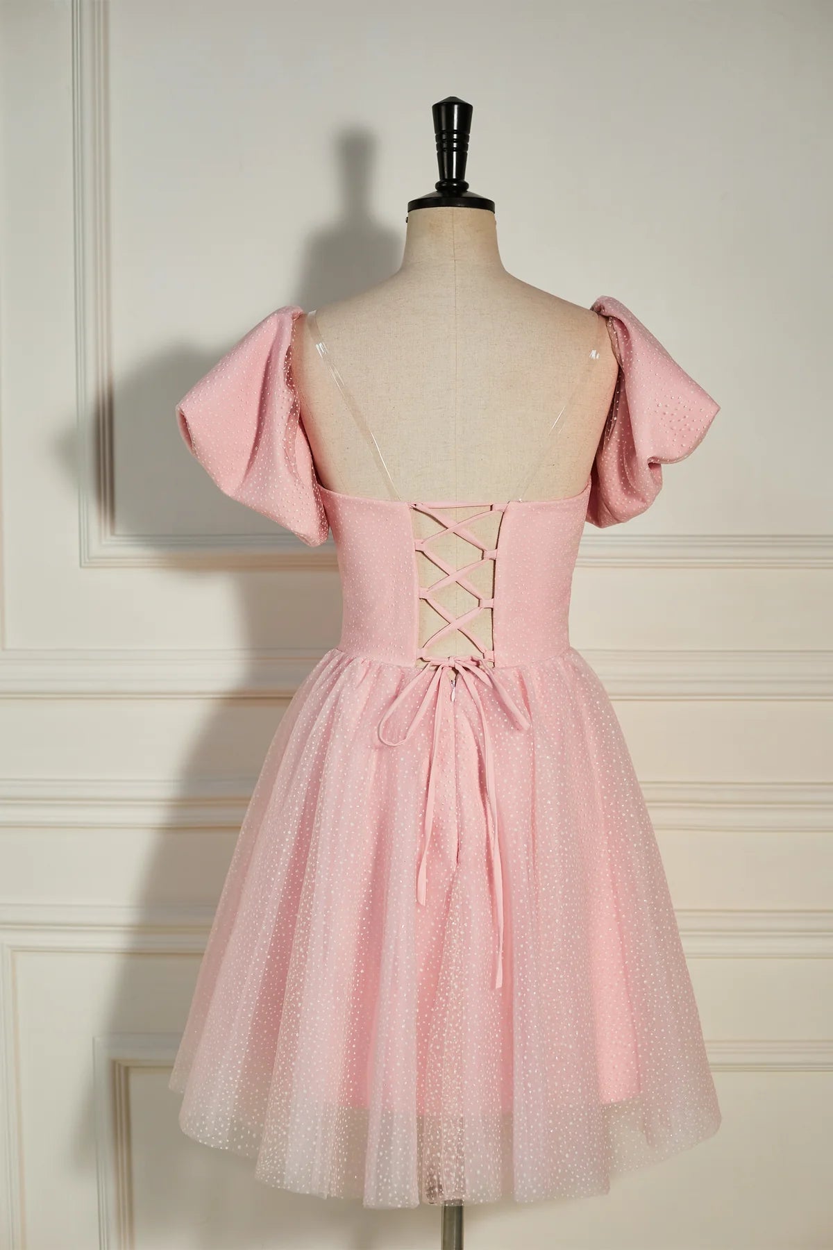 PM540,Pink Plunging V Neck Dot Lace-Up A-line Homecoming Dress