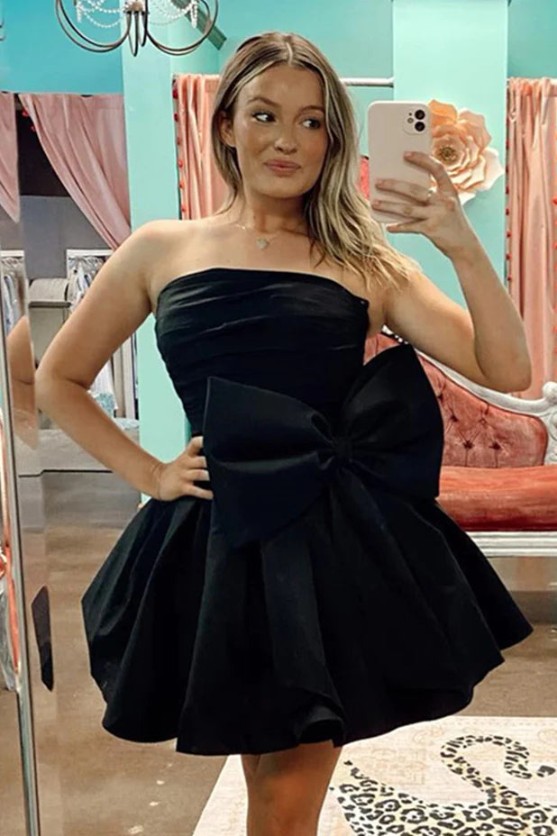 PM528,Black Strapless Satin Homecoming Dress With Waist Bowknot