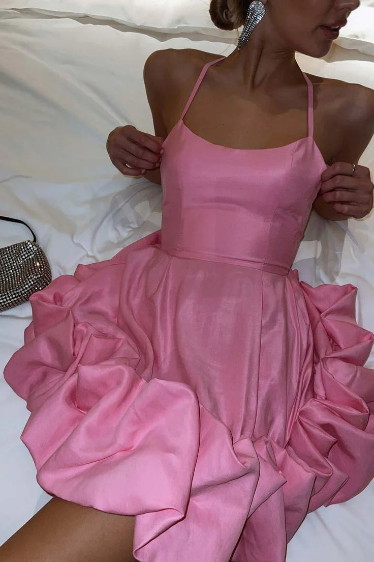 PM539,Spaghetti Straps Pink Satin Homecoming Dress with Ruffle Hem