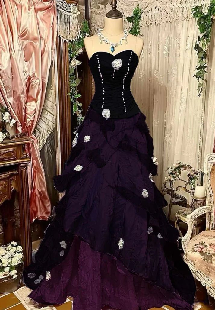 Purple Pink Blue Gradient Fashion Retro Elegant Delicate Floral Beads Sweet Elegant Long Tulle Floor Length Ball Gowns Prom Gowns