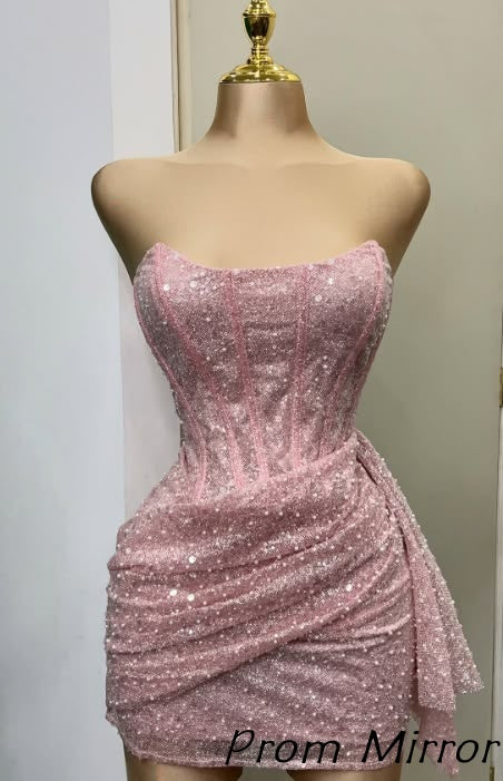 Cute Pink Strapless Bodycon Sequins Homecoming Dress