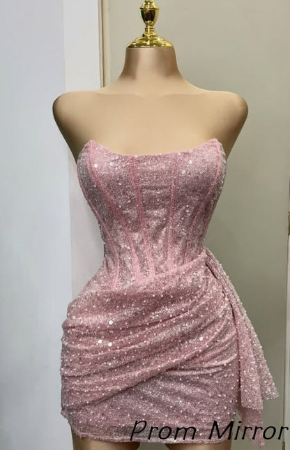 Cute Pink Strapless Bodycon Sequins Homecoming Dress