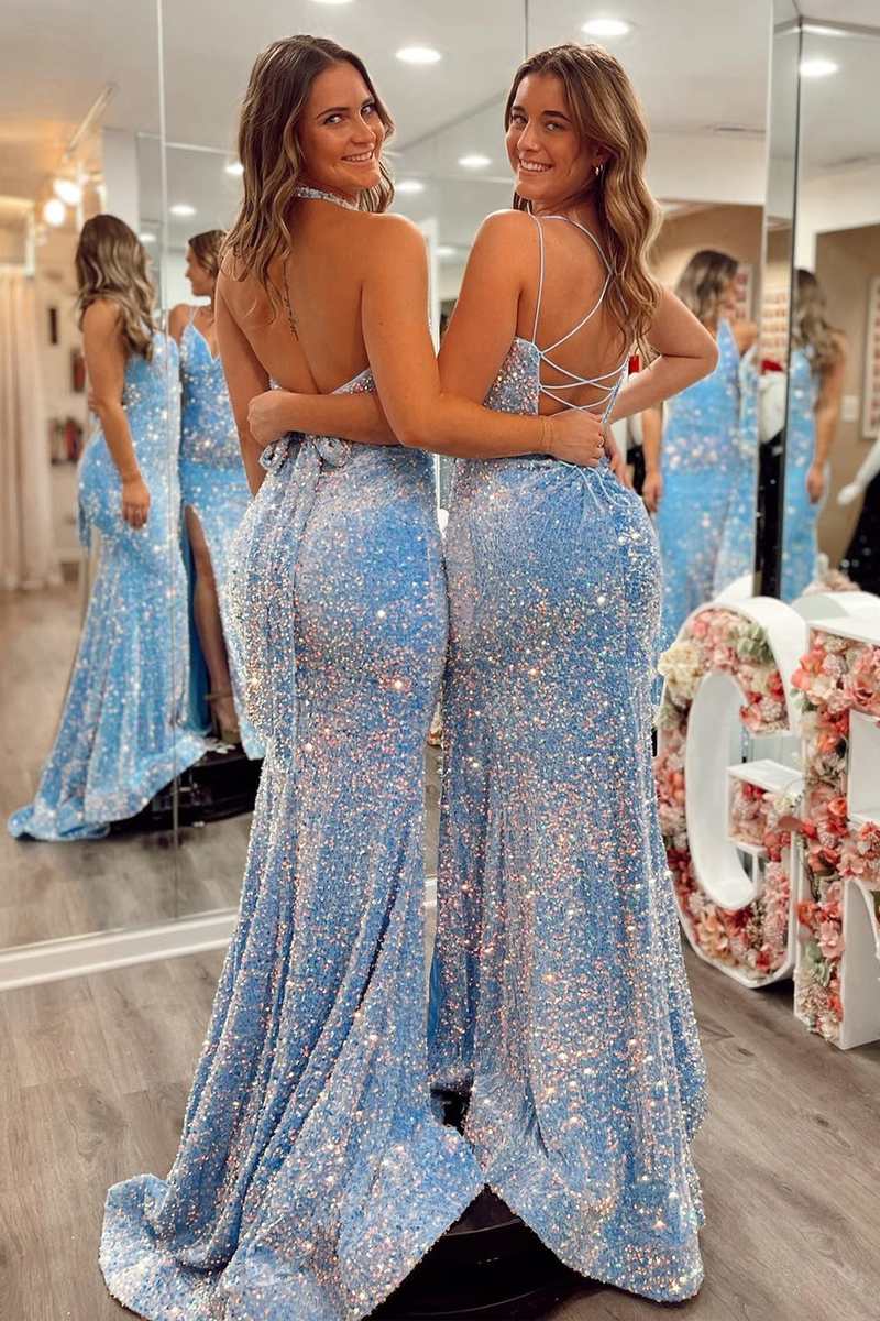 Light Blue Sequin Mermaid Long Prom Dresses