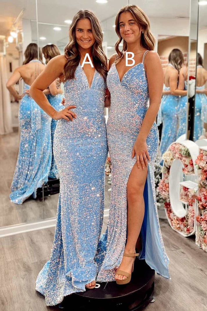 Appropriate color matching Glitter Light Blue Mermaid Long Sleeves Prom Dress With Slit