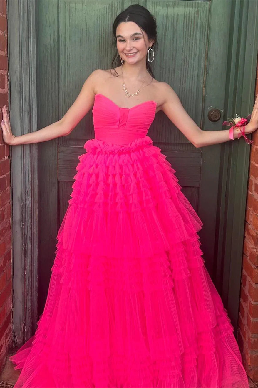 Hot Pink Sleeveless Tulle Prom Dress