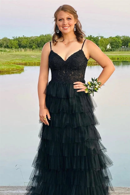 Spaghetti Straps Black Tulle Long Prom Dress