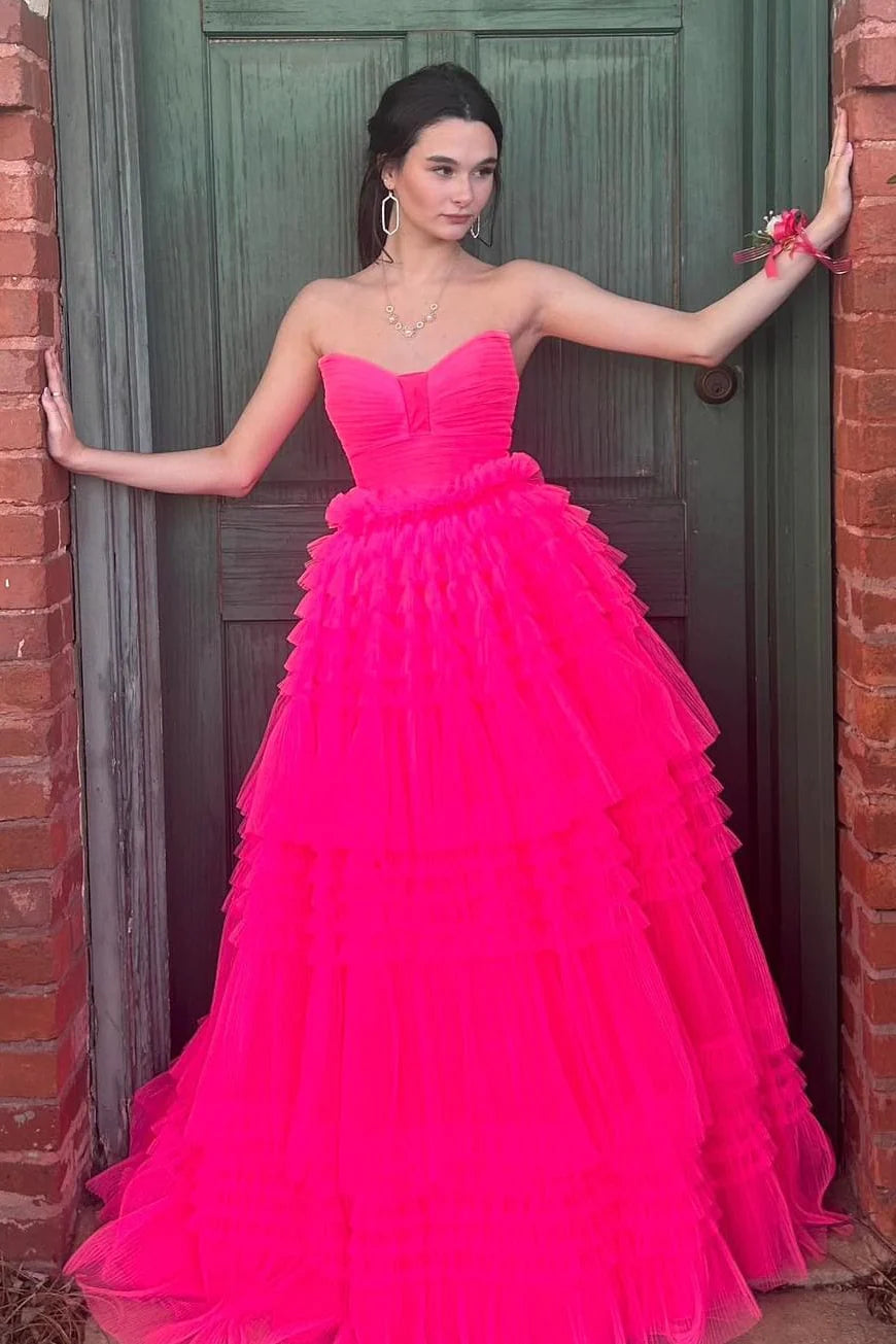 Hot Pink Sleeveless Tulle Prom Dress