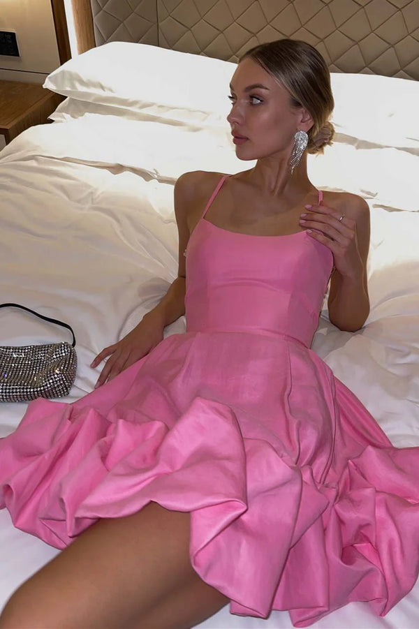 PM539,Spaghetti Straps Pink Satin Homecoming Dress with Ruffle Hem