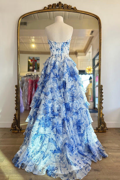 Blue Sweetheart Lace Floral Ruffle Dress with Slit