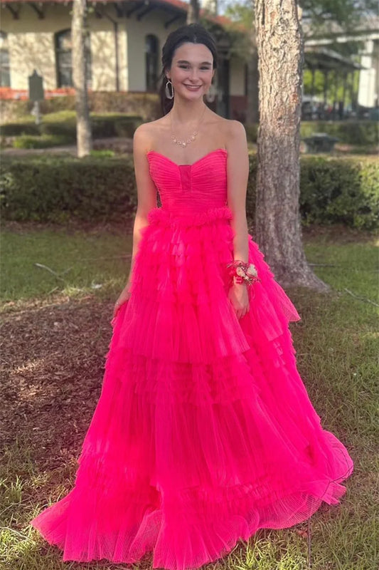 Hot Pink Sleeveless Tulle Prom Dress