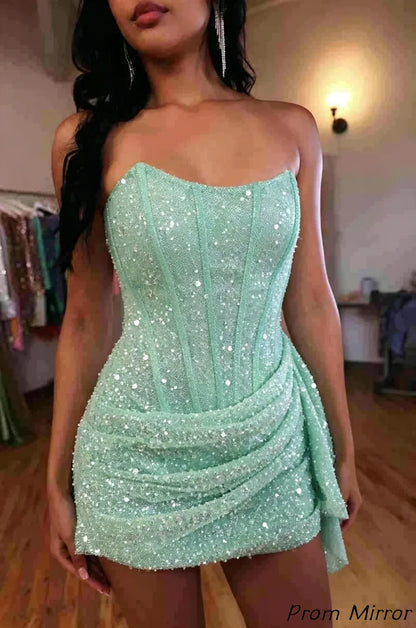 Fashion Party Dresses Strapless Bodycon Homecoming Dress Sequined Mini Formal Gown
