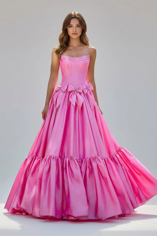 A-Line Black Scoop Neck Satin Long Prom Dresses with Bow Knots