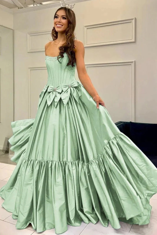 A-Line Black Scoop Neck Satin Long Prom Dresses with Bow Knots