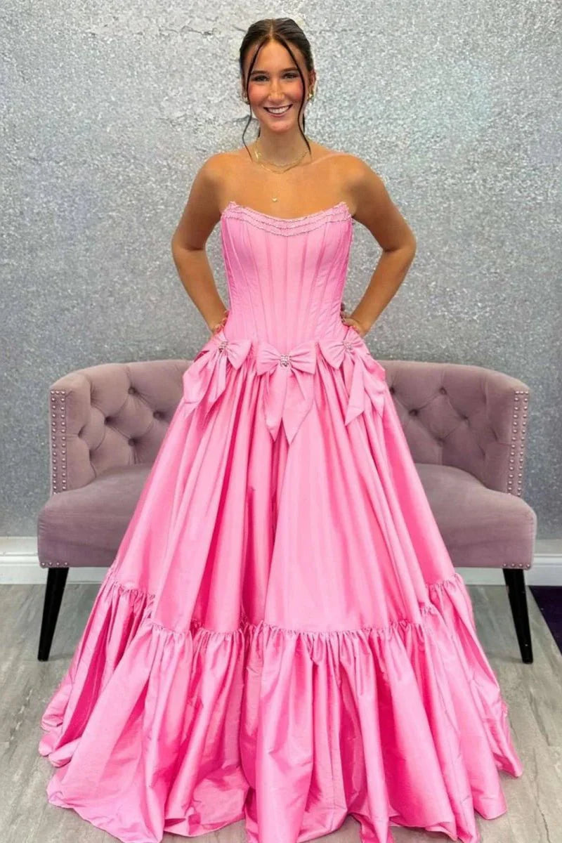 A-Line Black Scoop Neck Satin Long Prom Dresses with Bow Knots