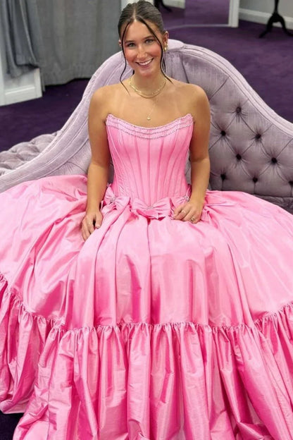 A-Line Black Scoop Neck Satin Long Prom Dresses with Bow Knots