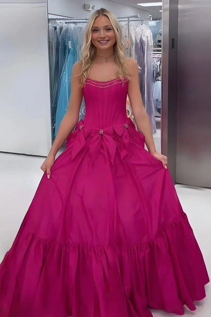 A-Line Black Scoop Neck Satin Long Prom Dresses with Bow Knots