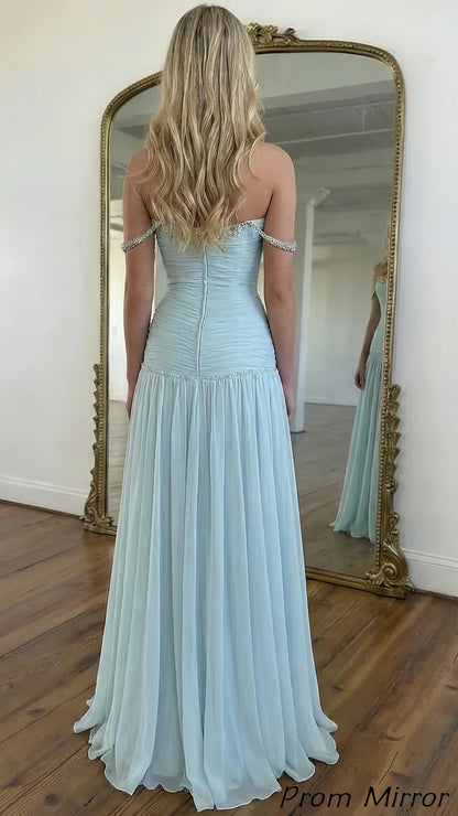 A-Line/Princess Long Prom Dresses Chiffon Off The Shoulder Sleeveless Floor-length Sweep Train Prom Dress With Beads