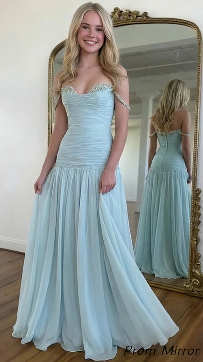 A-Line/Princess Long Prom Dresses Chiffon Off The Shoulder Sleeveless Floor-length Sweep Train Prom Dress With Beads