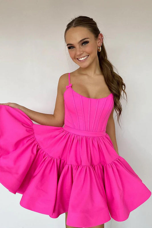 A-line Spaghetti Straps Satin Pink Homecoming Dress, Hot Pink Short Graduation Dress