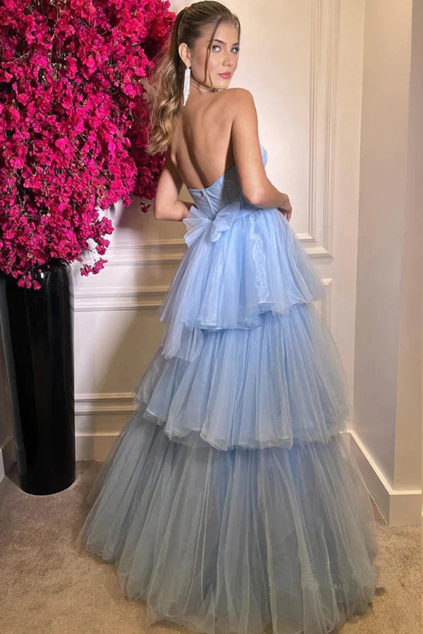 Baby Blue Sweetheart Tulle Ruffles Long Evening Prom Dresses