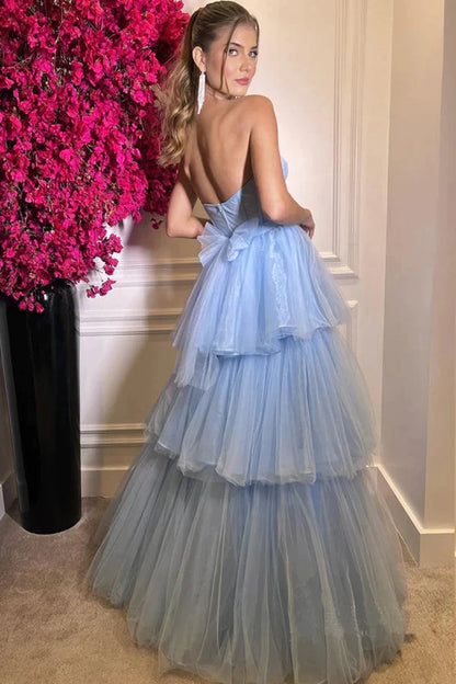 Baby Blue Sweetheart Tulle Ruffles Long Evening Prom Dresses
