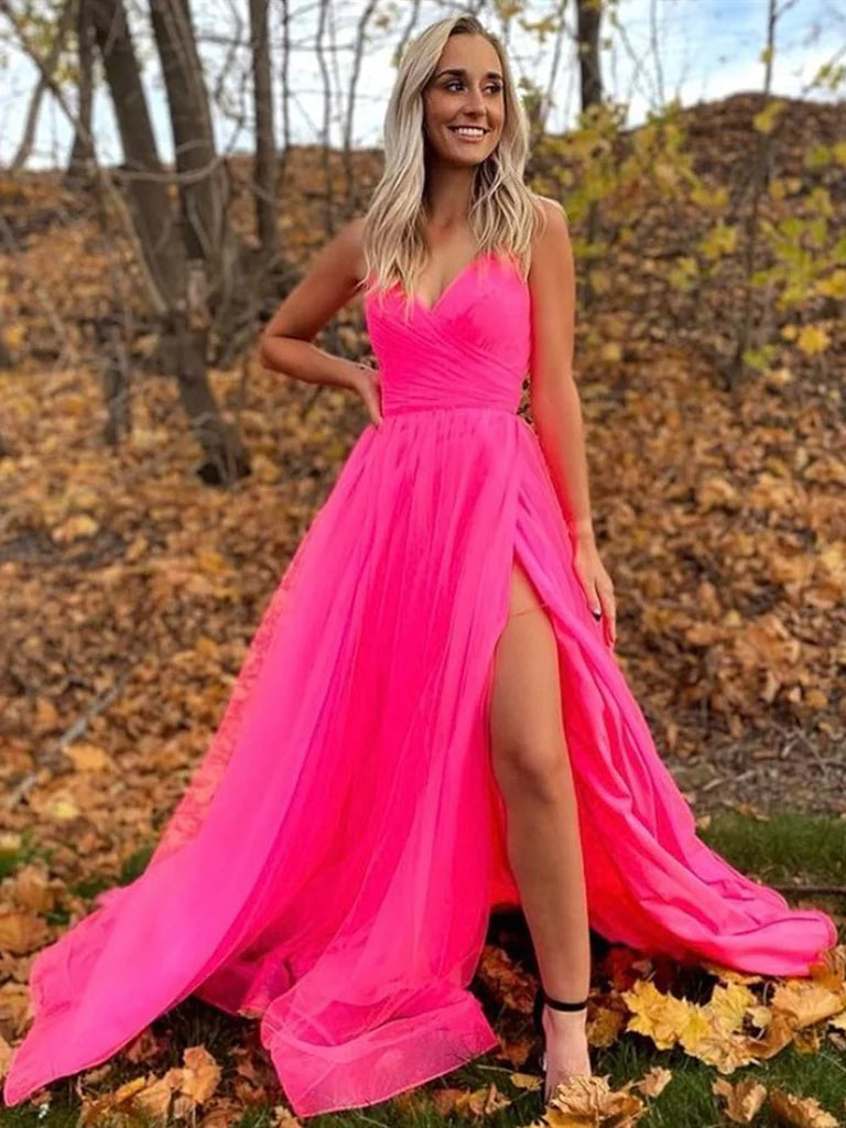 Hot Pink Tulle Side Slit Long Evening Prom Dress