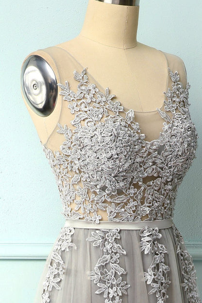 A-line Grey Tulle and Lace Long Formal Dress
