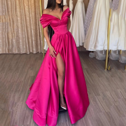 Fuchsia Off The Shoulder Satin Long Party Prom Dress