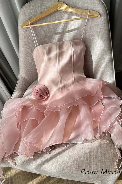 Charming Pink Spaghetti Straps Tulle Satin A-Line Mini Homecoming Dress Short Party Dress