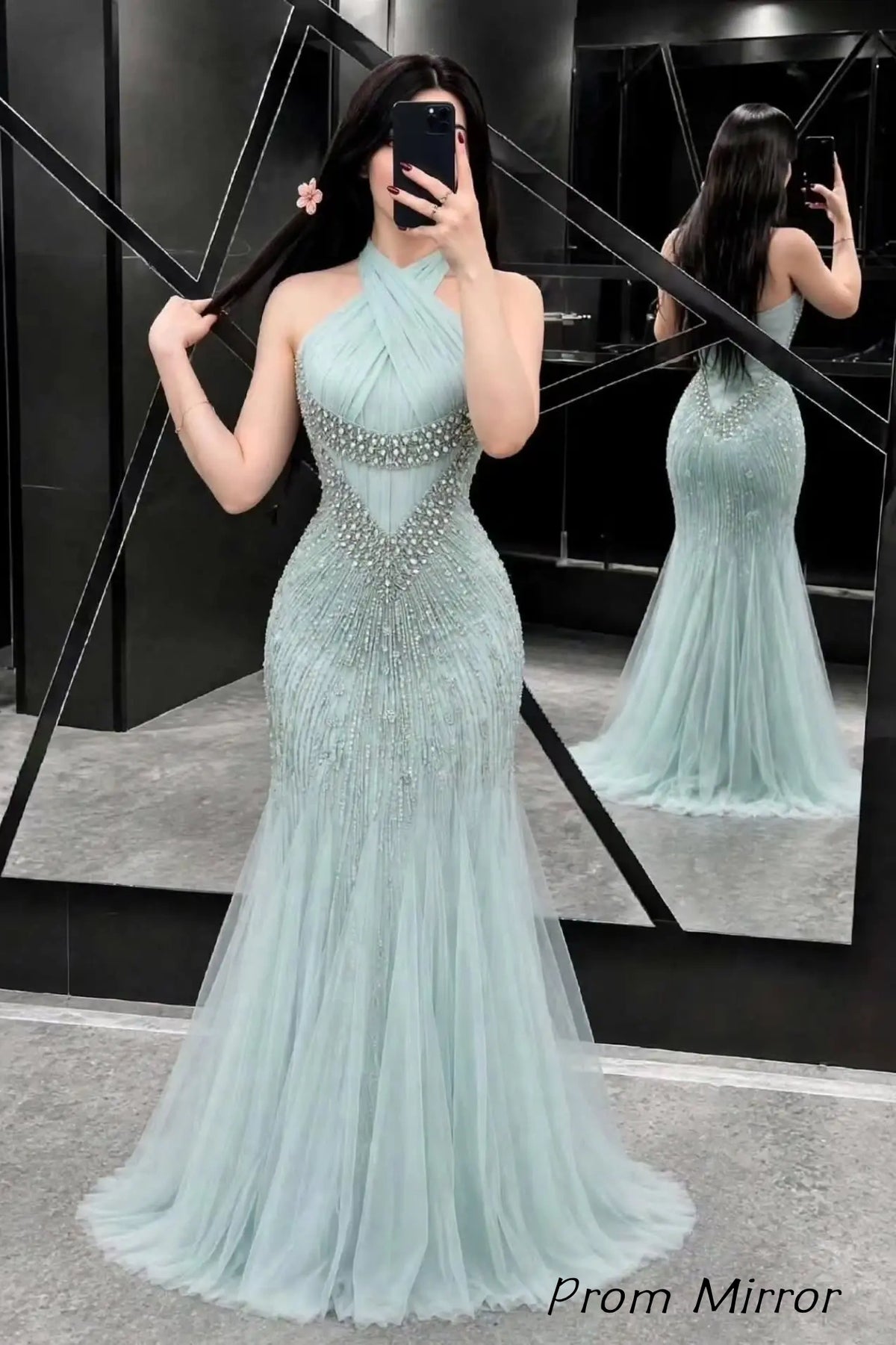 Baby Blue Cross Neck Halter Beaded Mermaid Prom Dresses, Evening Dress