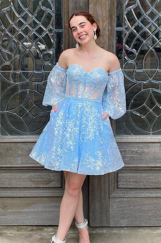 Baby Blue Lace Homecoming Dresses With Bubble Sleeves