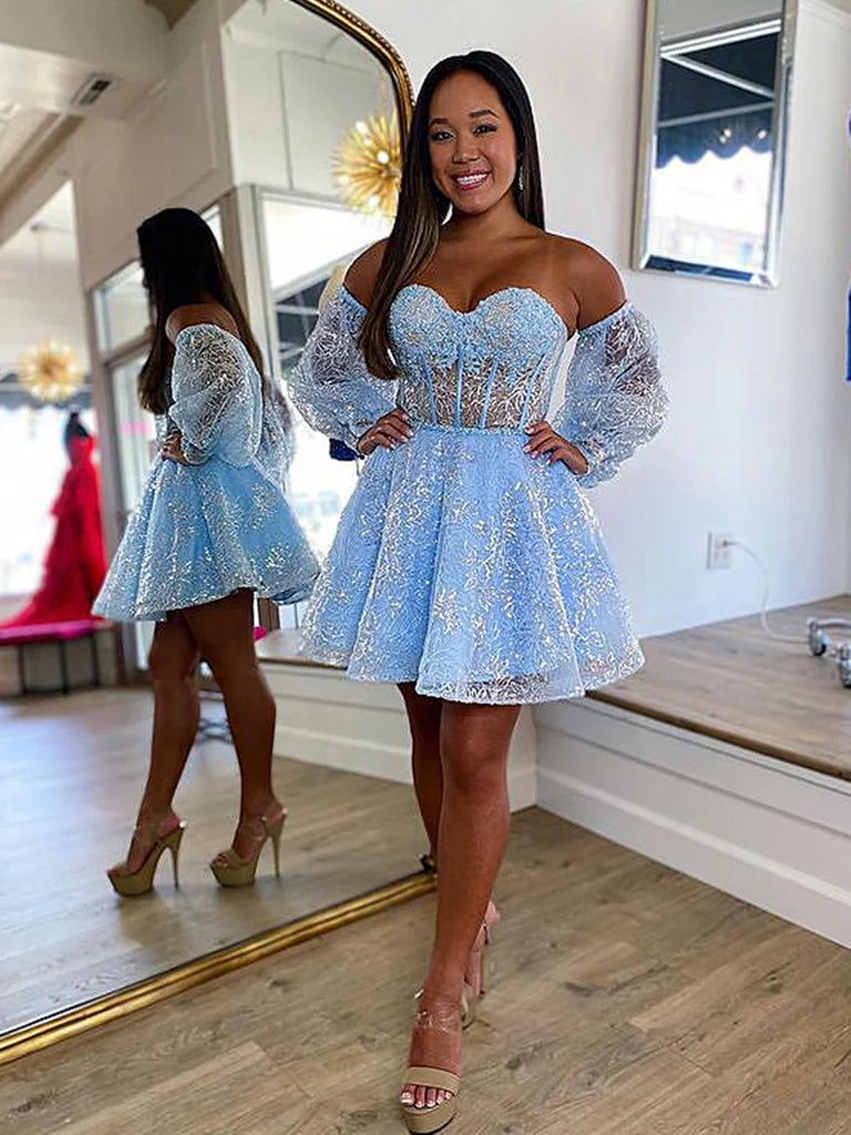 Baby Blue Lace Homecoming Dresses With Bubble Sleeves – prommirror