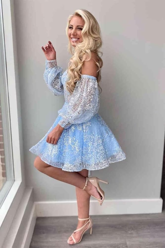 Baby Blue Lace Homecoming Dresses With Bubble Sleeves – prommirror