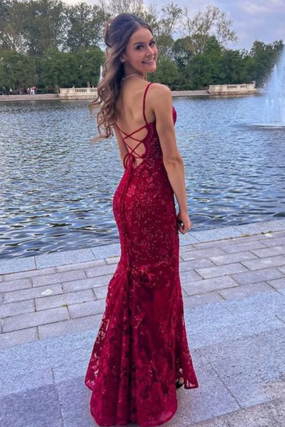 Burgundy/Red Mermaid Lace Sequins Prom Dress