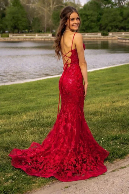 Burgundy/Red Mermaid Lace Sequins Prom Dress
