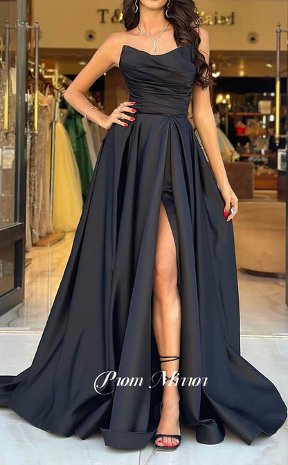 Black A-Line Satin Slit Evening Party Dresses, Black Sleeveless Prom Dresses
