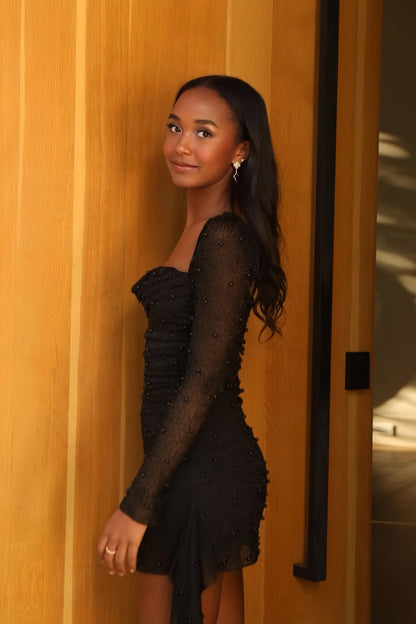 Black Long Sleeves Pearl Beaded Homecoming Dress prommirror Black Long Sleeves Pearl Beaded Homecoming Dress prommirror