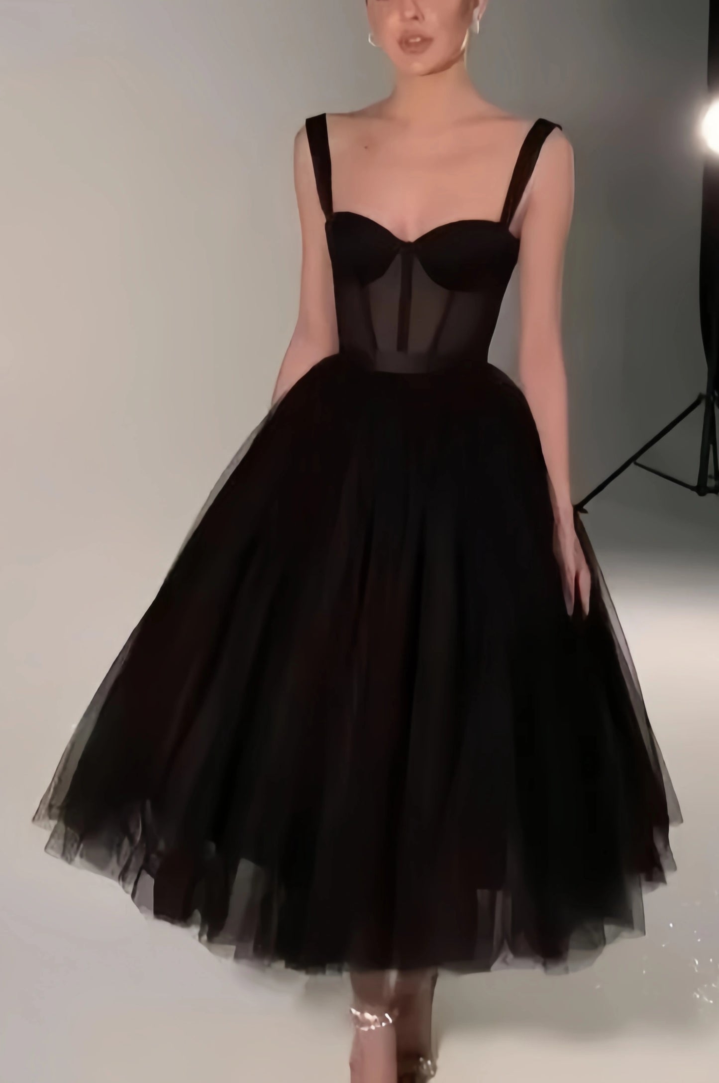 Black Midi Dress, Tulle Prom Dress, Black Formal Dresses, A-line Evening Dresses