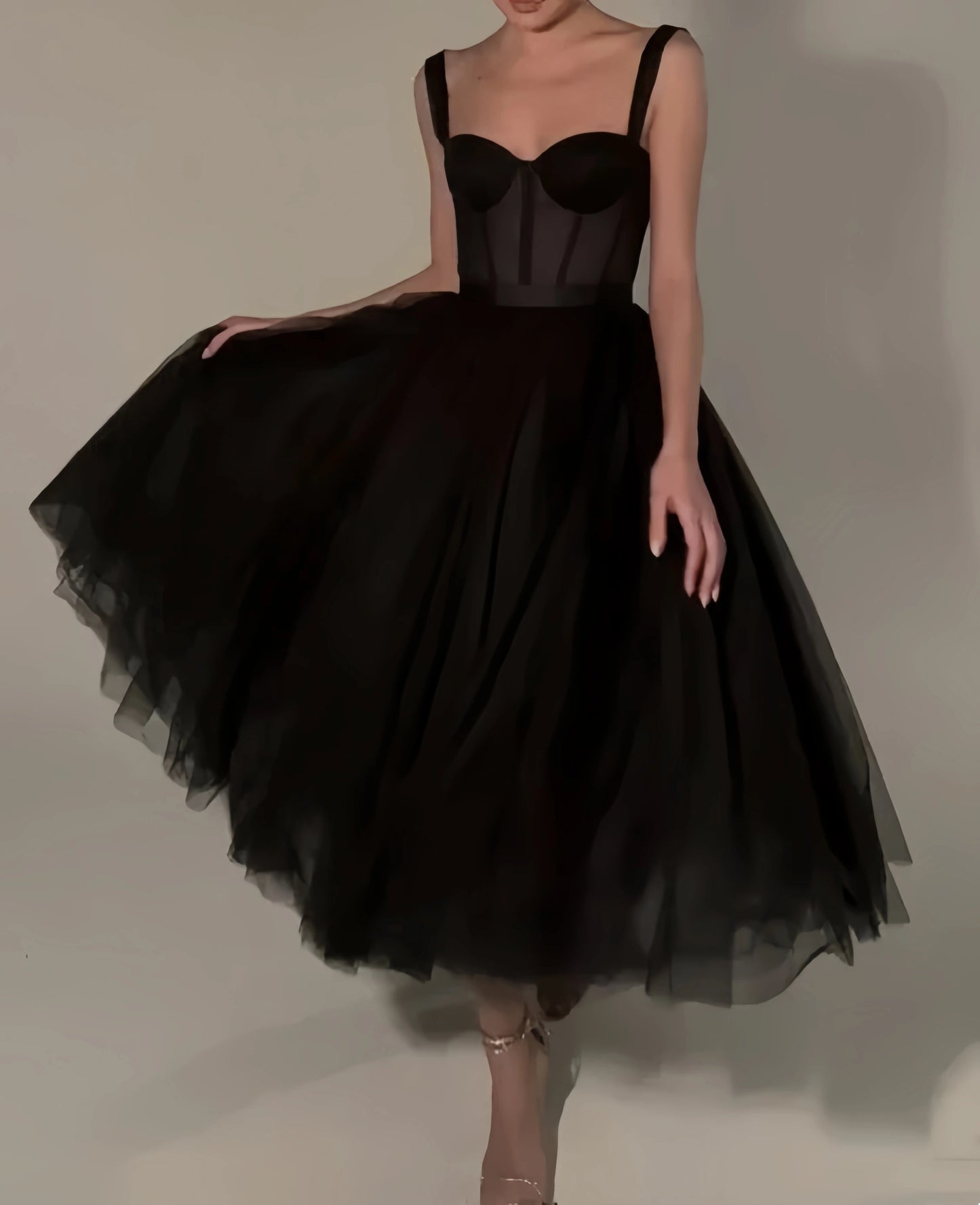 Black Midi Dress, Tulle Prom Dress, Black Formal Dresses, A-line Evening Dresses