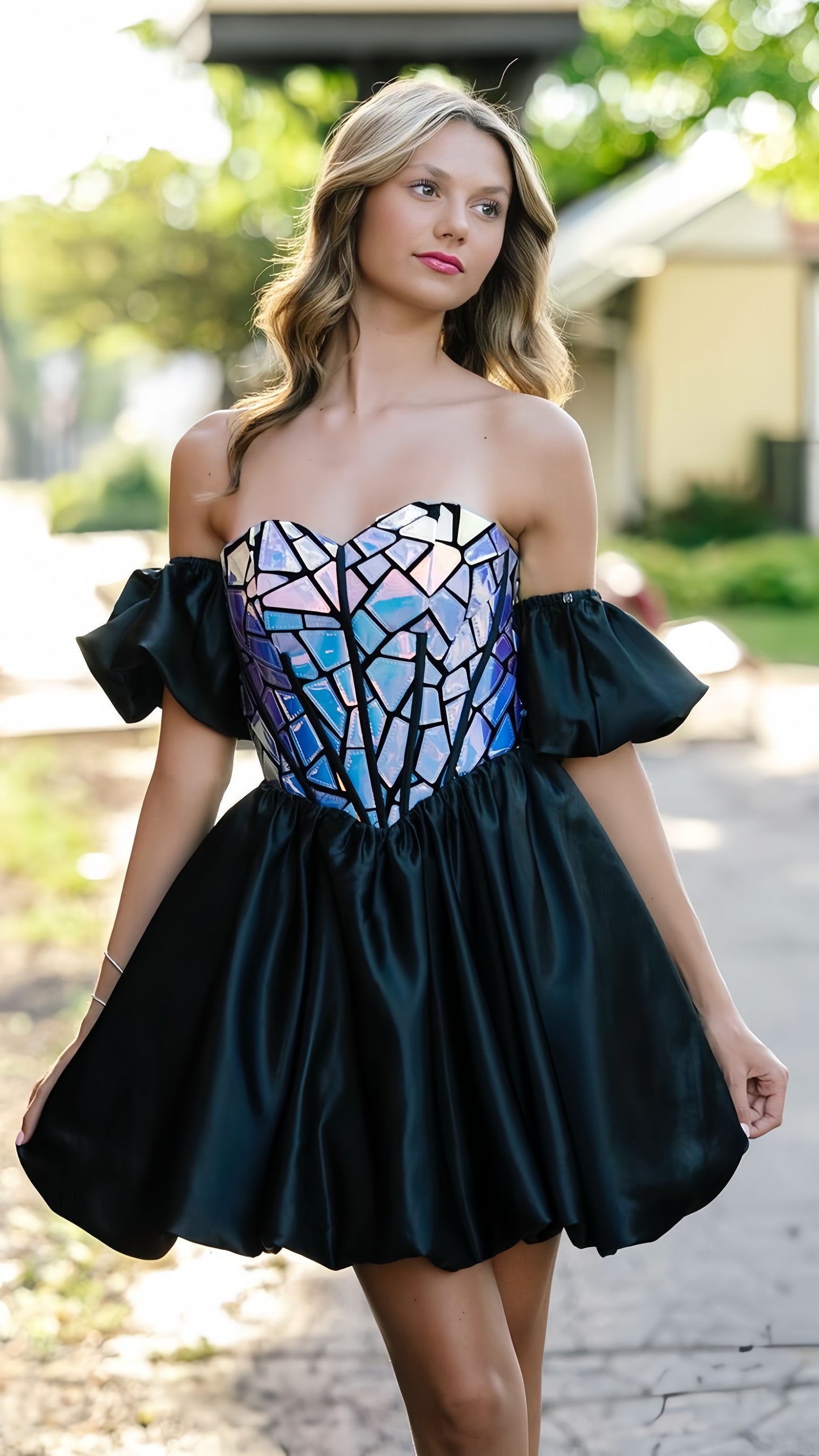 Black Mirror Homecoming Dress Bubble Sleeves Graduation Dress