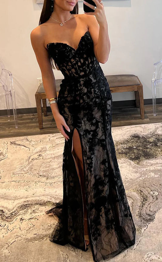 Black Prom Dresses, Sweetheart Lace Mermaid Prom Dress
