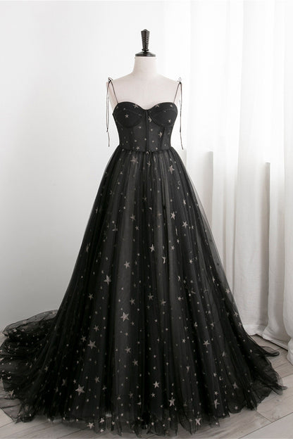 Black Corset Satrs Tulle A-line Long Formal Dress