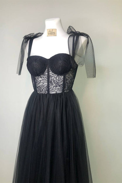 Black Lace Corset Tulle A-line Long Prom Dress