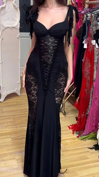 Black mermaid prom dress with lace details - formal evening birthday dress