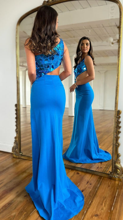 Blue Glass Mirror Bodycon Prom Dress, Long Formal Evening Dresses