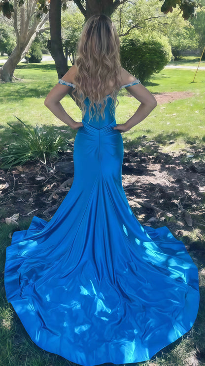 Blue Mermaid Prom Dresses, Off The Shoulder Beaded Party Gown