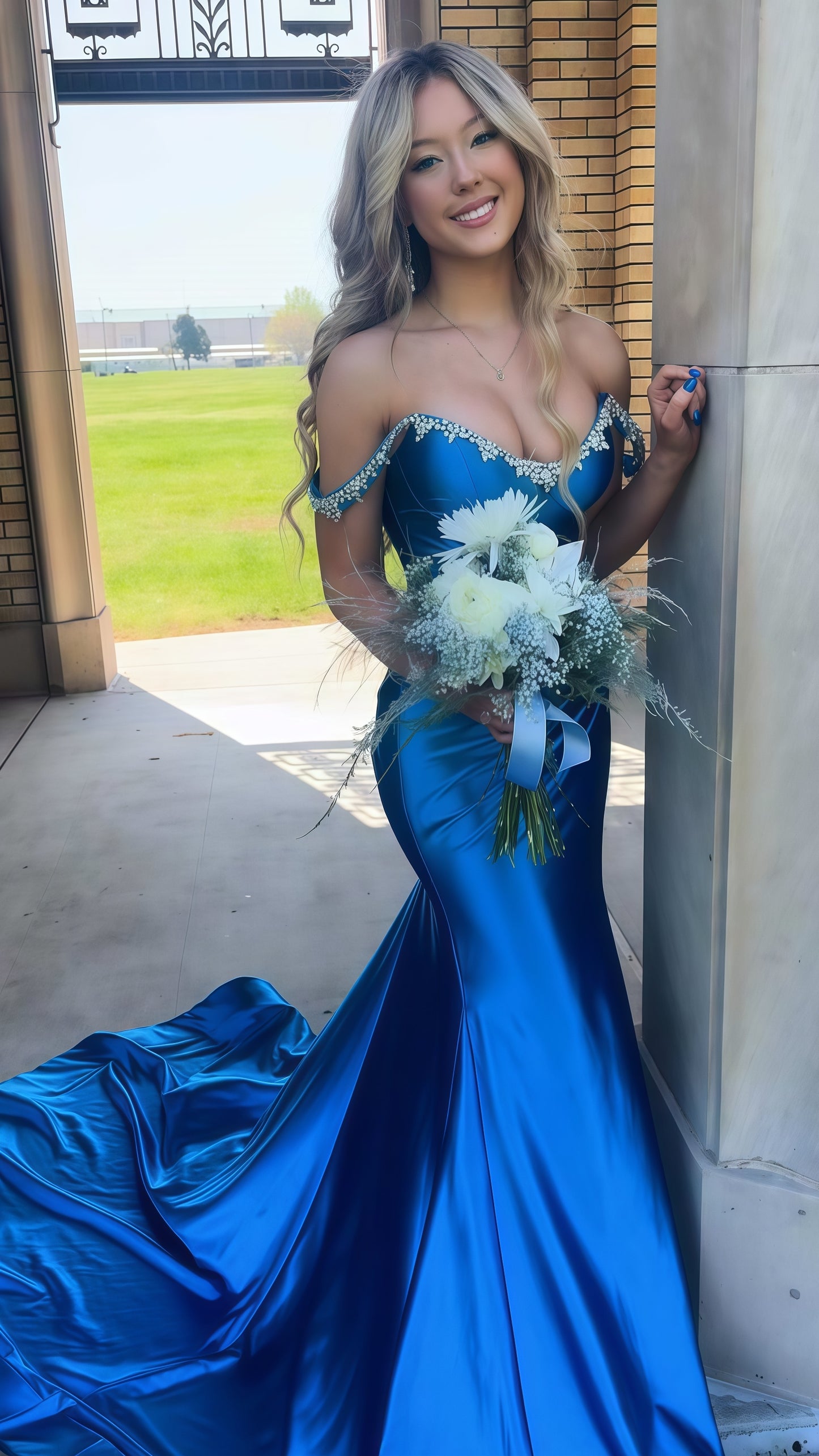 Blue Mermaid Prom Dresses, Off The Shoulder Beaded Party Gown