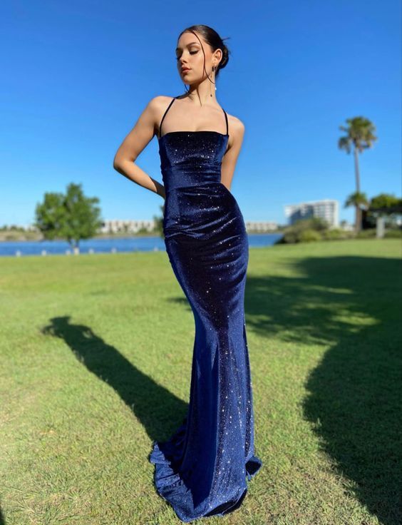 Blue Mermaid Velvet Long Prom Dresses